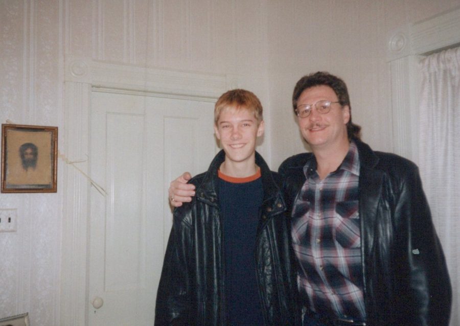 Mike and teenage Shane in leather jackets